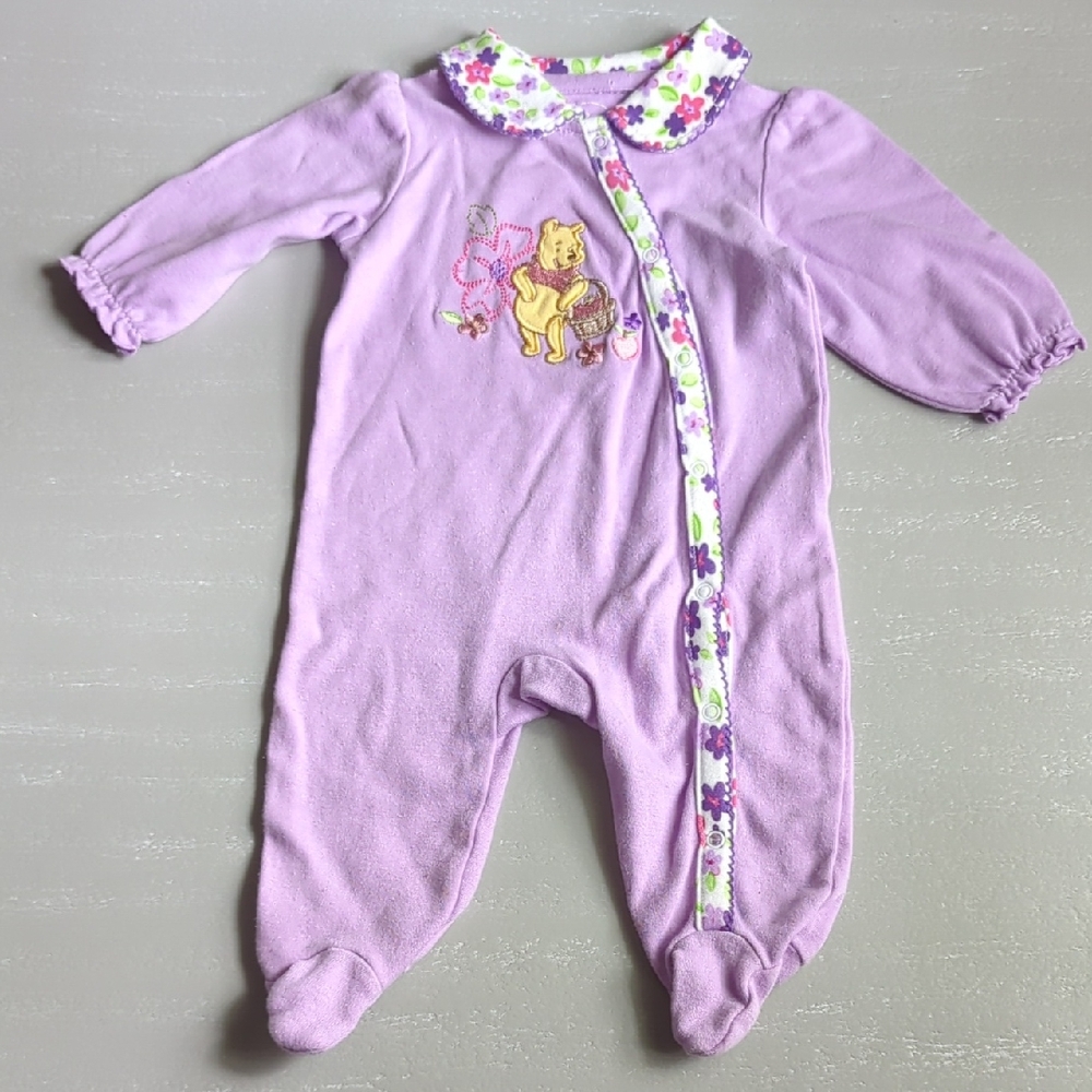 Disney Pooh Bear‎ PJs Lavender Footie Size 0-3M Snaps 100% Cotton